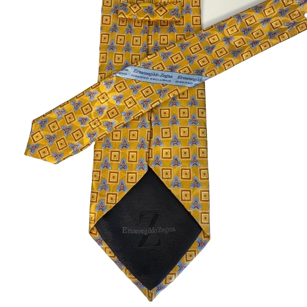 Ermenegildo Zegna Silk Tie Yellow Gold Geometric Floral Made In Italy Men's 59"